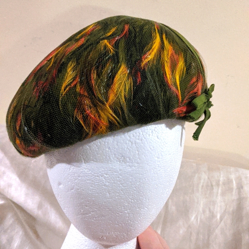 RARE Christine Original NY Vintage Retro Multicolor Green Yellow Red Feather Hat